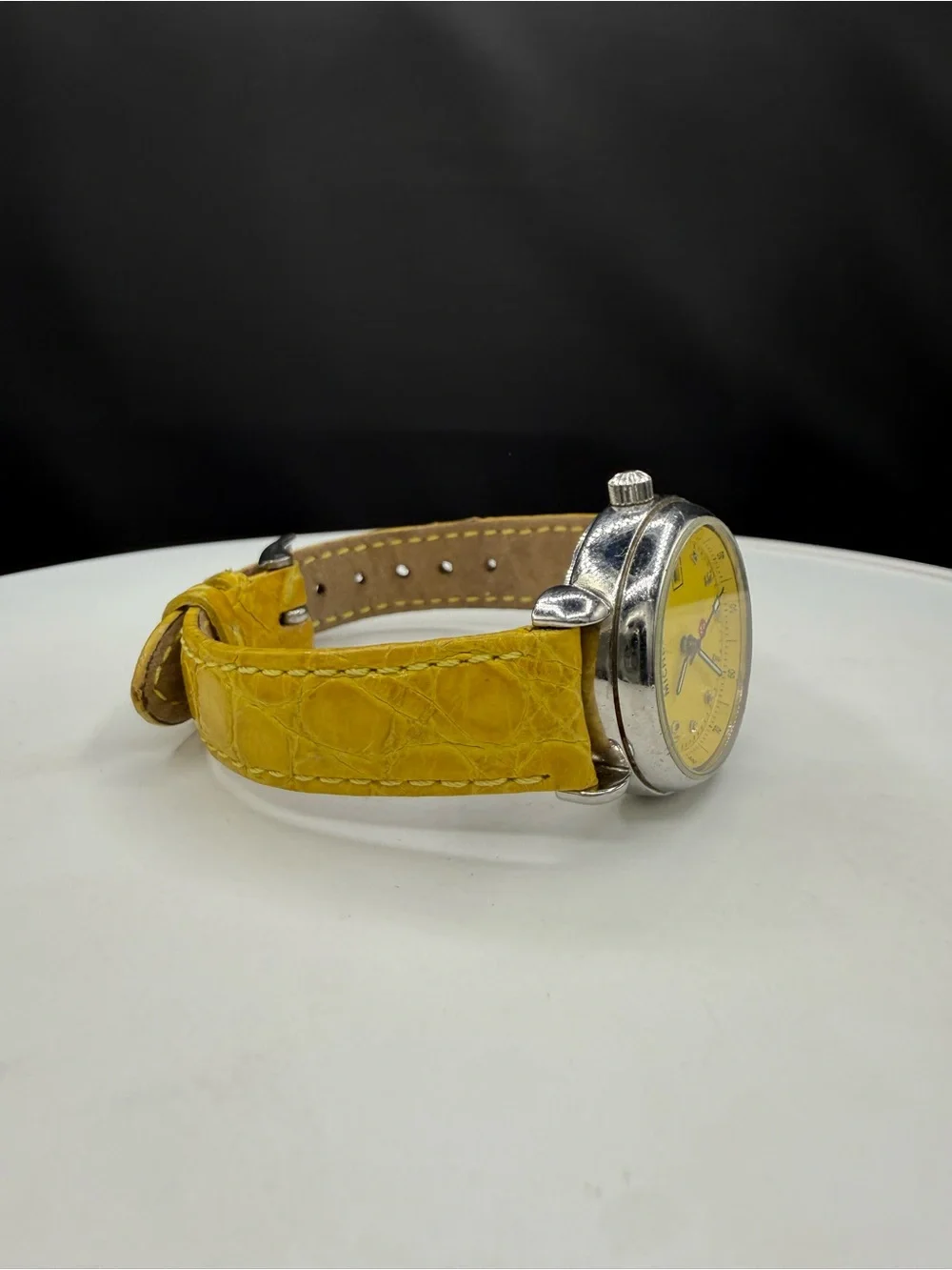 Michele Vintage Yellow Grid Dial Genuine Leather Strap Watch